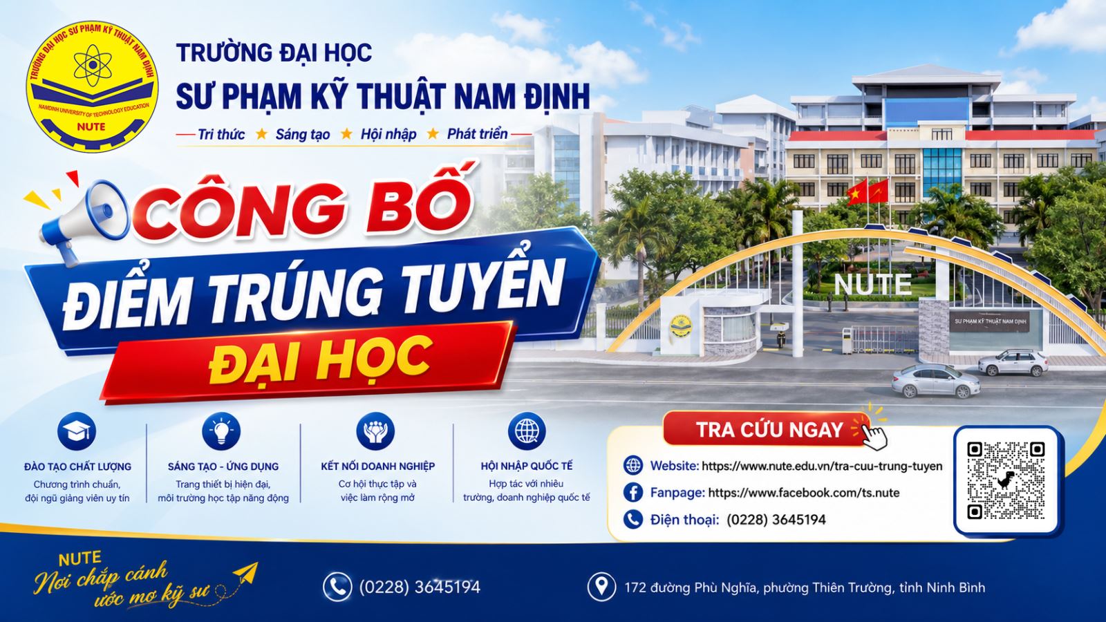 Thông báo điểm trúng tuyển đại học chính quy đợt 1 năm 2026 của Trường Đại học Sư phạm Kỹ thuật Nam Định