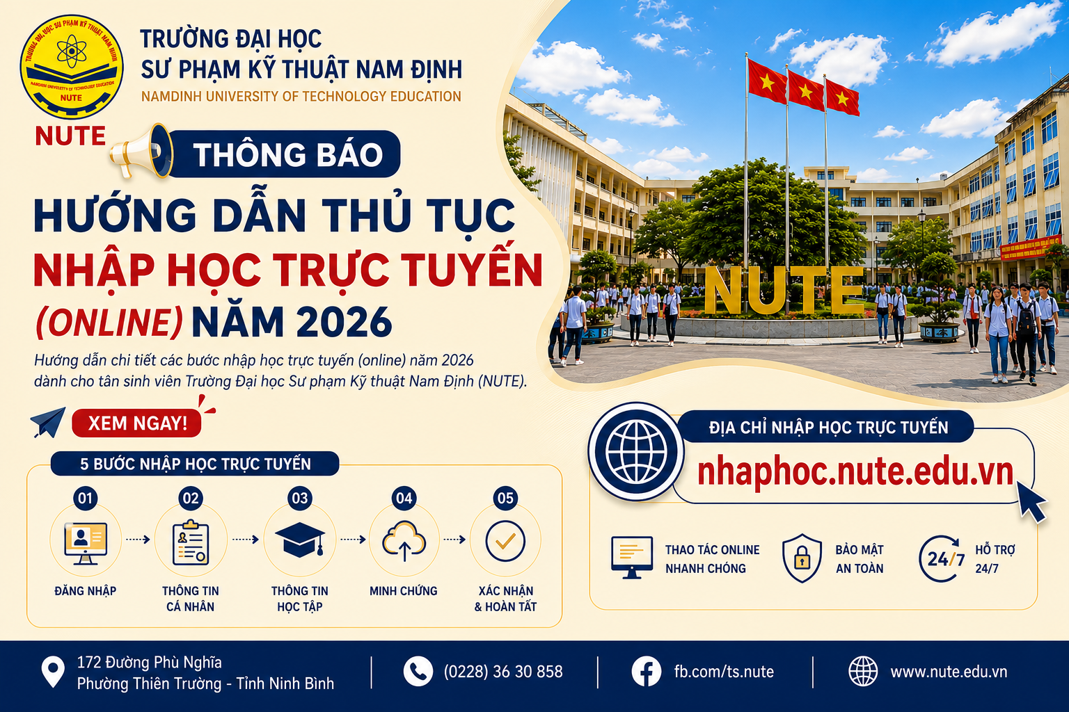 Hướng dẫn thủ tục nhập học trực tuyến (Online) năm 2026 | NUTE